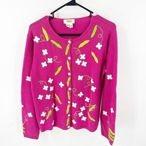 ✅ Vintage TALBOTS M Sweet Pea Floral Cardigan Lily Cottage Embroidery Sweater
